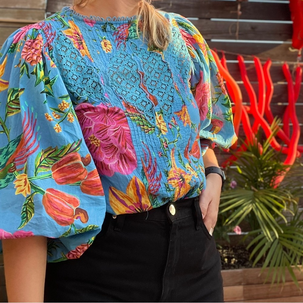 Farm Rio cotton balloon sleeve blouse SZ S
